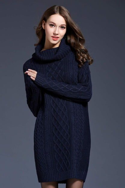 Full Size Mixed Knit Cowl Neck Dropped Shoulder Sweater Dress - Brinxx Couture