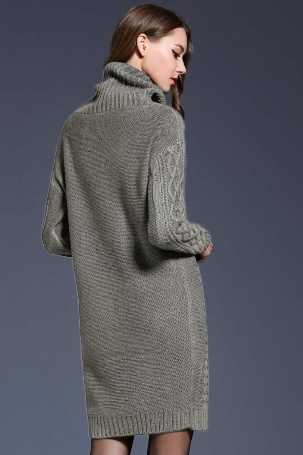 Full Size Mixed Knit Cowl Neck Dropped Shoulder Sweater Dress - Brinxx Couture