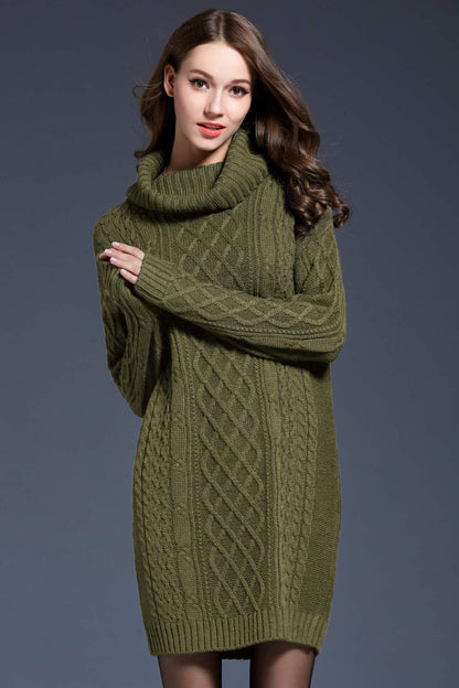 Full Size Mixed Knit Cowl Neck Dropped Shoulder Sweater Dress - Brinxx Couture