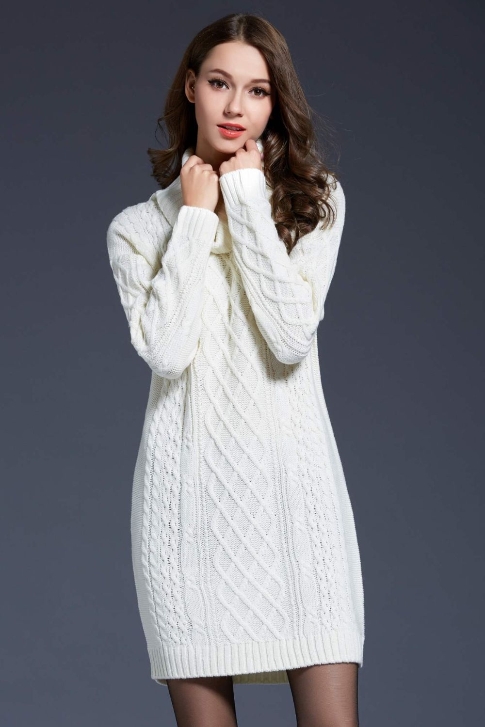 Full Size Mixed Knit Cowl Neck Dropped Shoulder Sweater Dress - Brinxx Couture