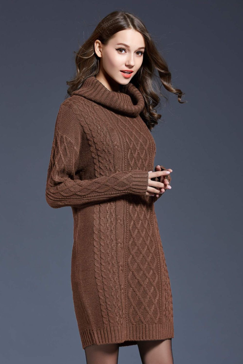 Full Size Mixed Knit Cowl Neck Dropped Shoulder Sweater Dress - Brinxx Couture