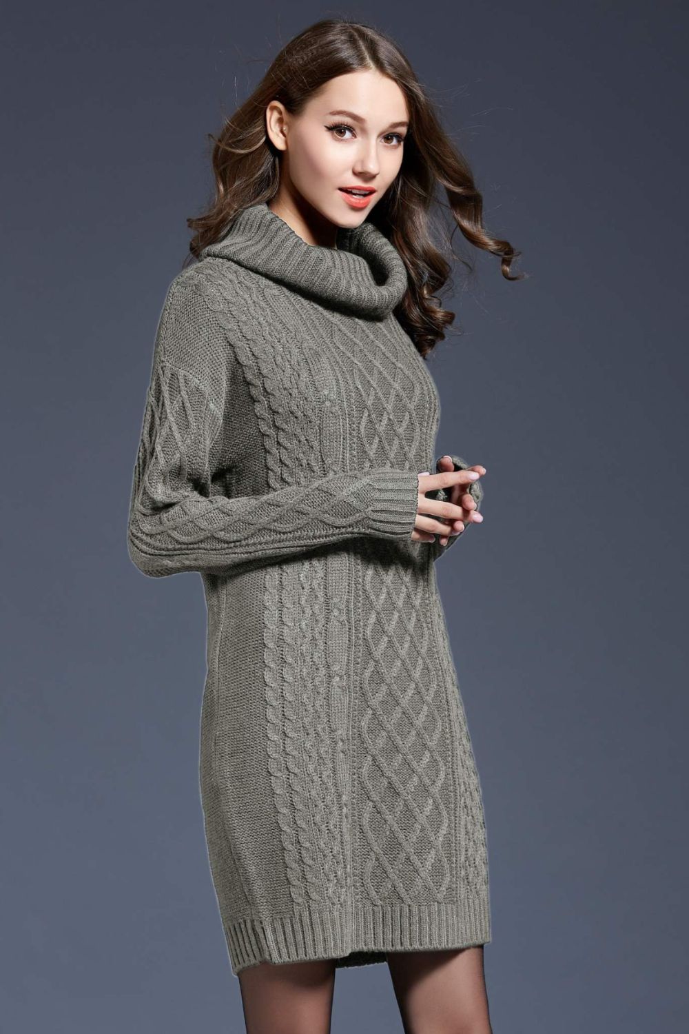 Full Size Mixed Knit Cowl Neck Dropped Shoulder Sweater Dress - Brinxx Couture