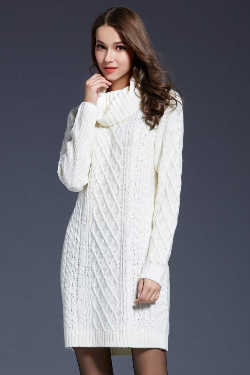 Full Size Mixed Knit Cowl Neck Dropped Shoulder Sweater Dress - Brinxx Couture