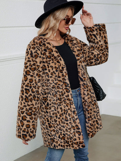 Fuzzy Leopard Hooded Long Sleeve Jacket - Brinxx Couture