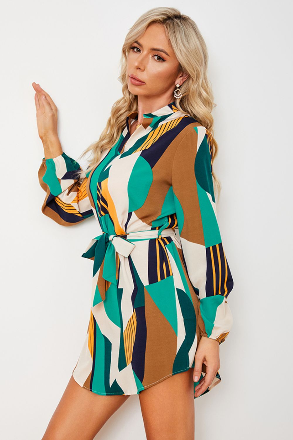 Geometric Print Belted Curved Hem Dress - Brinxx Couture