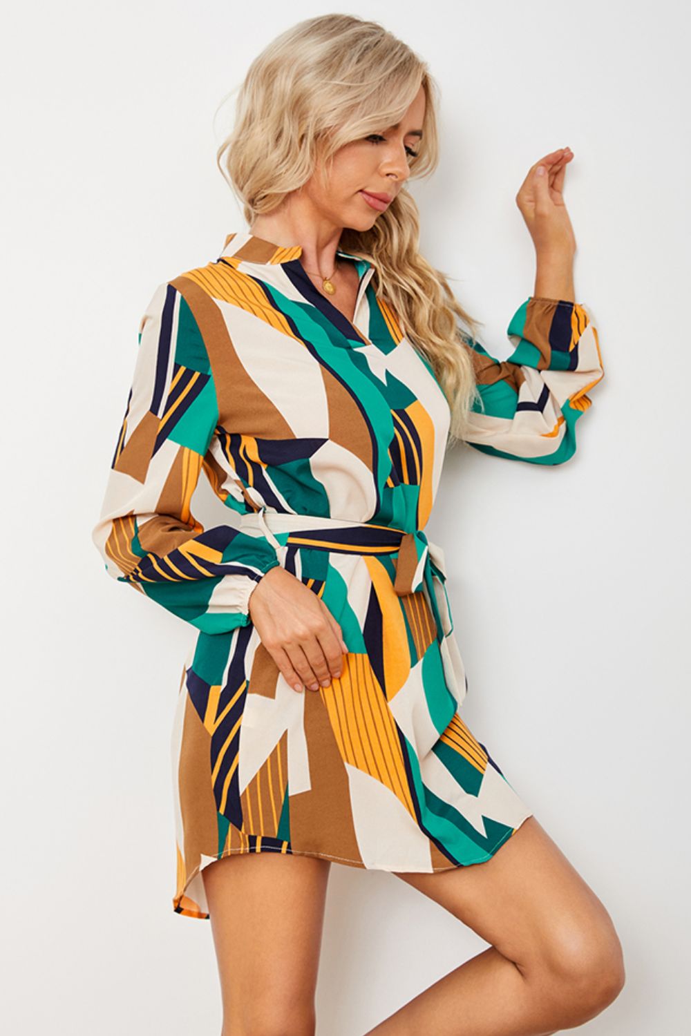 Geometric Print Belted Curved Hem Dress - Brinxx Couture