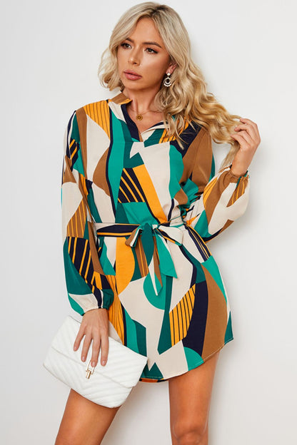 Geometric Print Belted Curved Hem Dress - Brinxx Couture