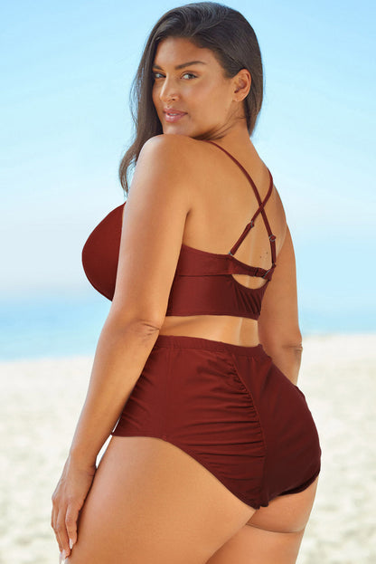 Halter Neck Crisscross Ruched Two-Piece Swimsuit - Brinxx Couture