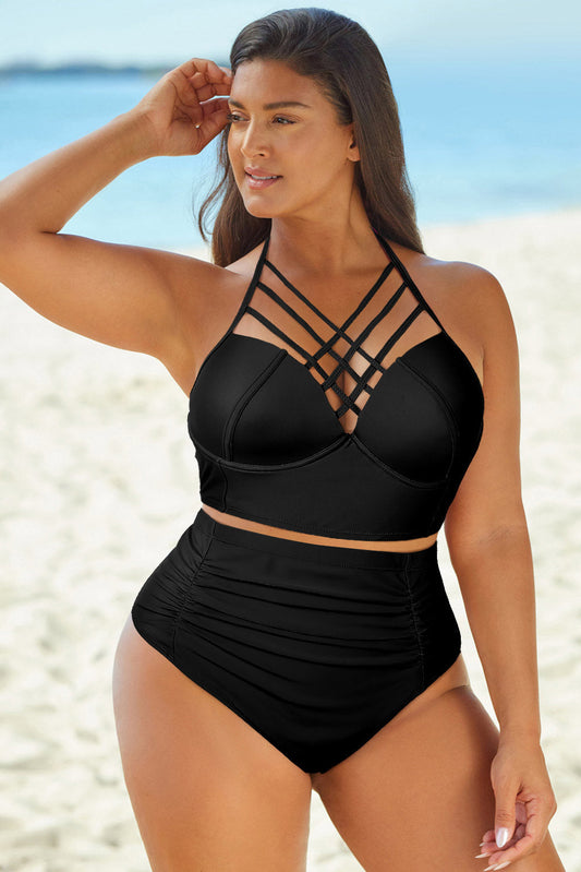 Halter Neck Crisscross Ruched Two-Piece Swimsuit - Brinxx Couture