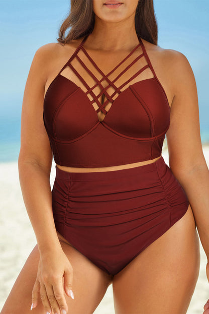 Halter Neck Crisscross Ruched Two-Piece Swimsuit - Brinxx Couture