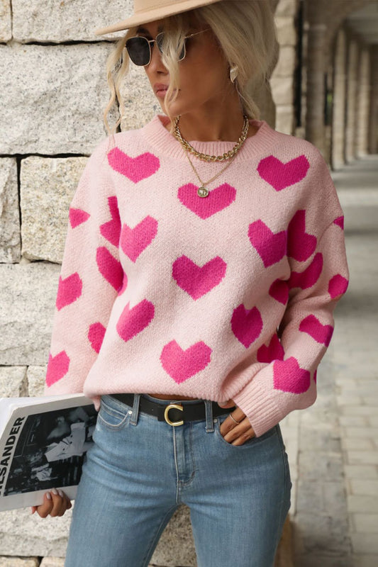 A stylish Heart Pattern Dropped Shoulder Sweater for women. this piece adds a touch of elegance to your outfit - Brinxx Couture