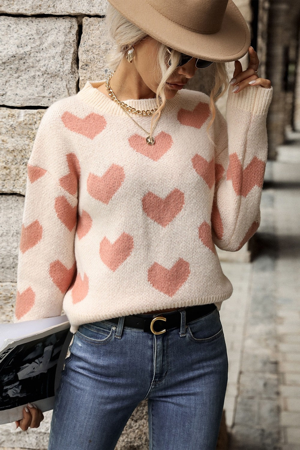 A stylish Heart Pattern Dropped Shoulder Sweater for women. this piece adds a touch of elegance to your outfit - Brinxx Couture