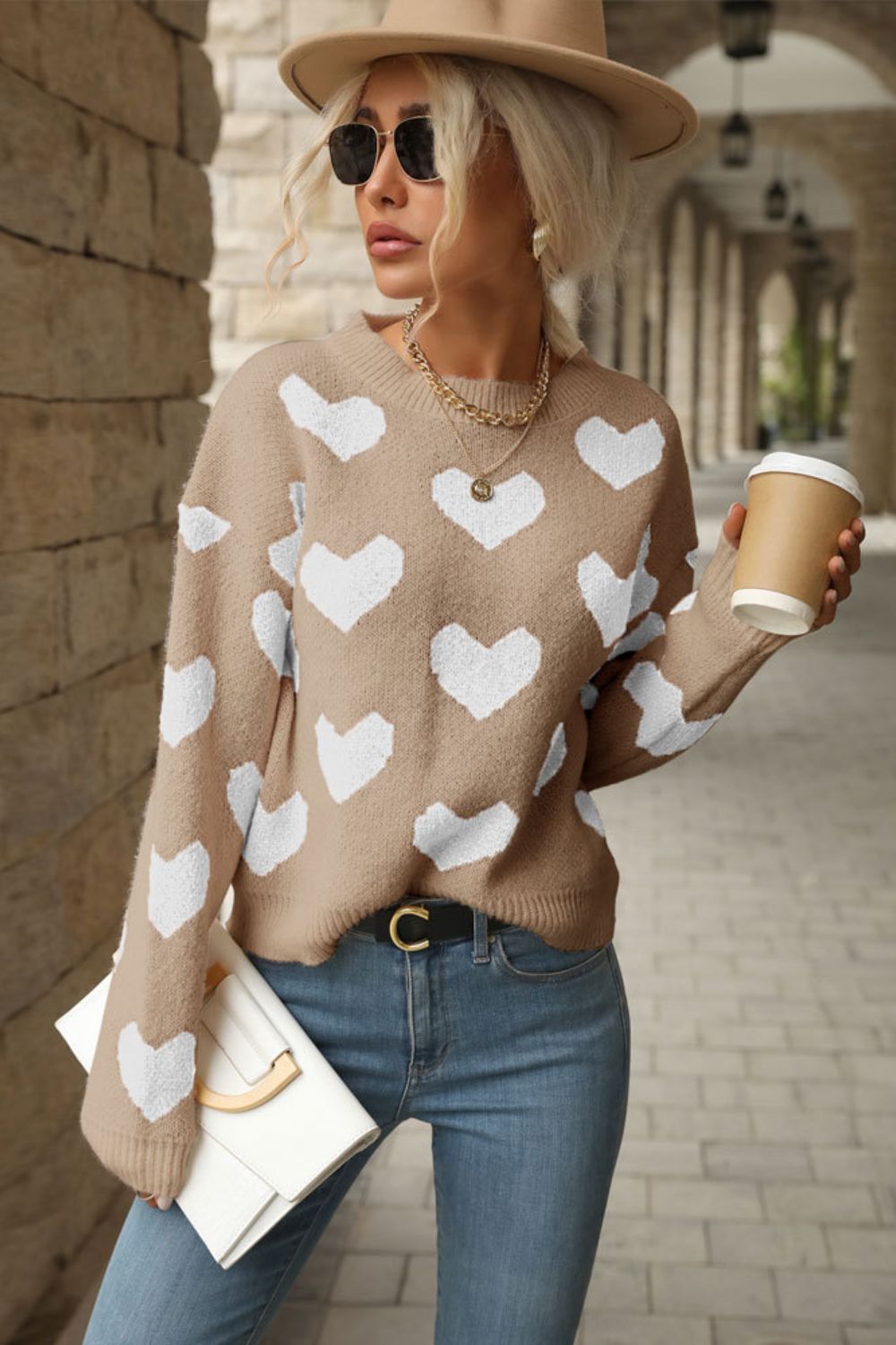 A stylish Heart Pattern Dropped Shoulder Sweater for women. this piece adds a touch of elegance to your outfit - Brinxx Couture