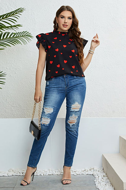 Heart Print Butterfly Sleeve Mock Neck Top - Brinxx Couture