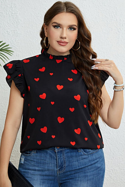 Heart Print Butterfly Sleeve Mock Neck Top - Brinxx Couture