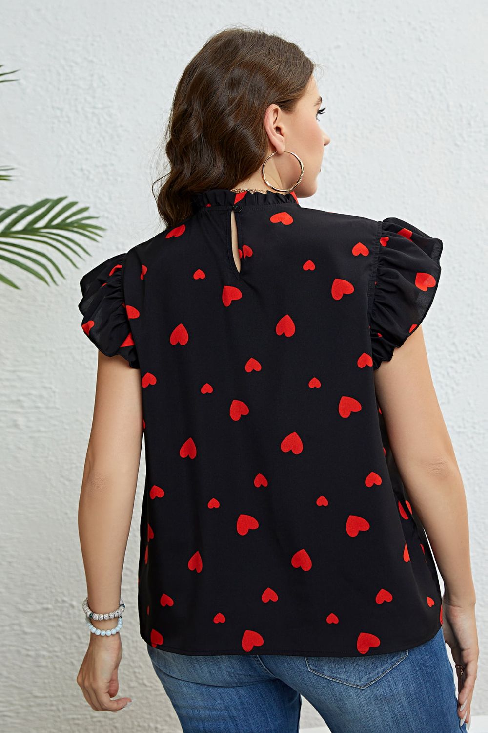 Heart Print Butterfly Sleeve Mock Neck Top - Brinxx Couture