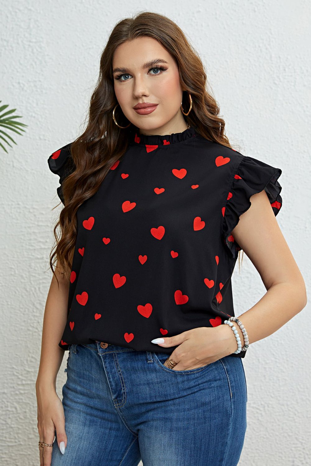 Heart Print Butterfly Sleeve Mock Neck Top - Brinxx Couture