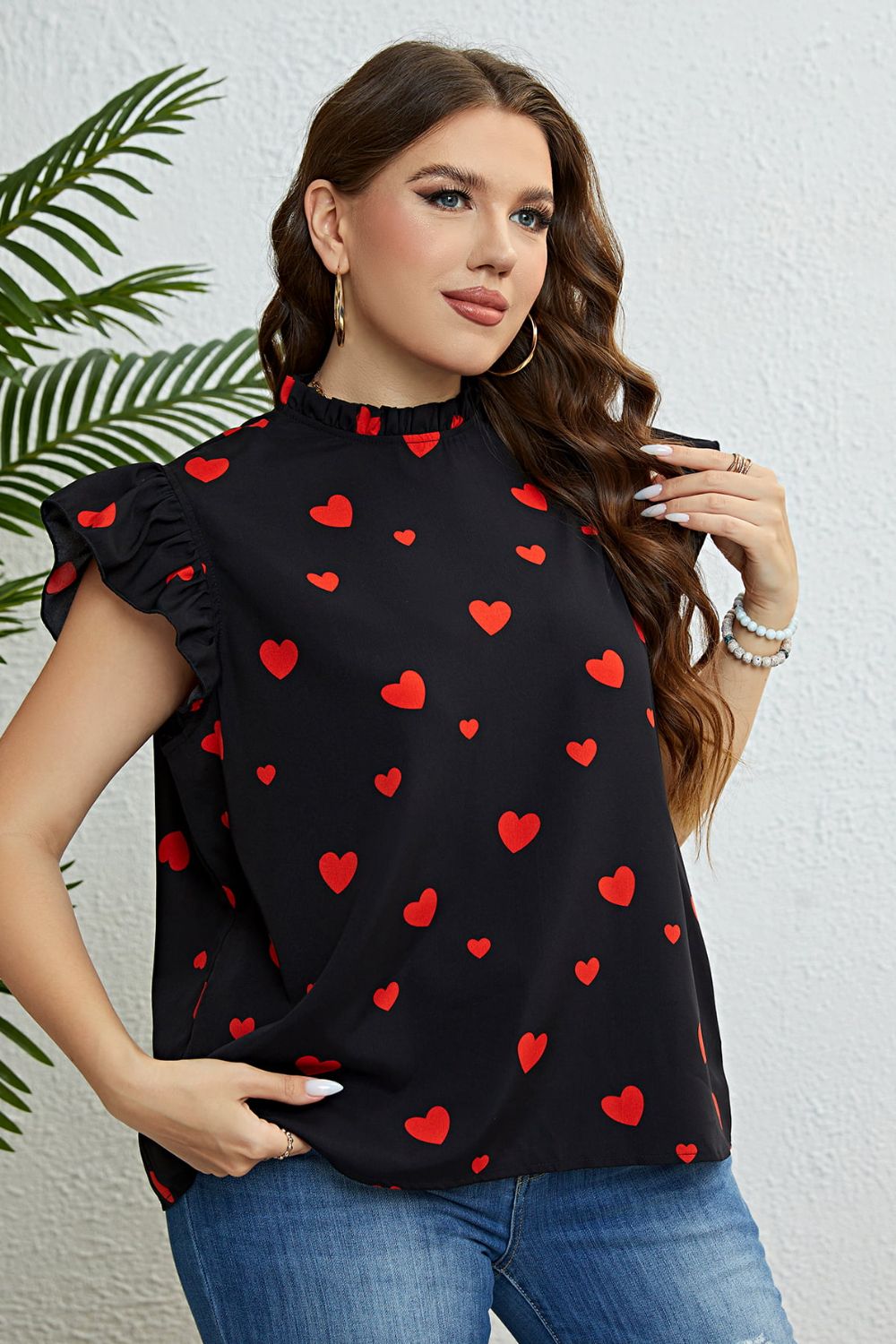 Heart Print Butterfly Sleeve Mock Neck Top - Brinxx Couture