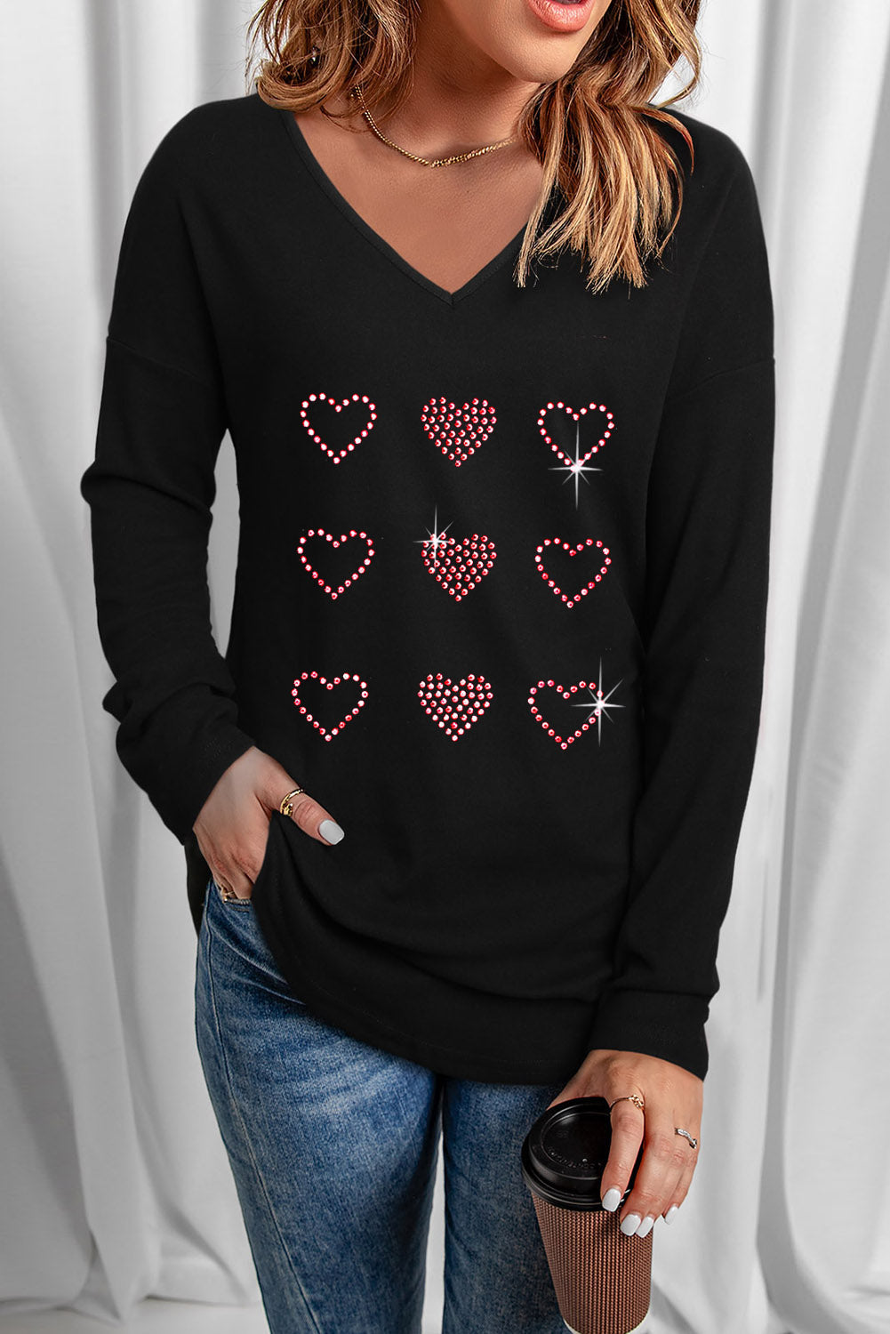 Heart V-Neck Long Sleeve Tee - Brinxx Couture