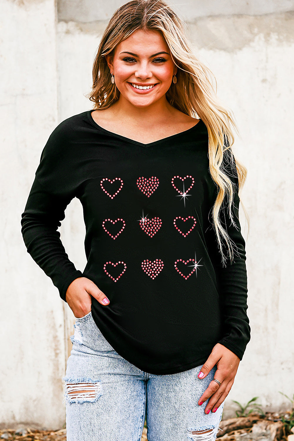 Heart V-Neck Long Sleeve Tee - Brinxx Couture