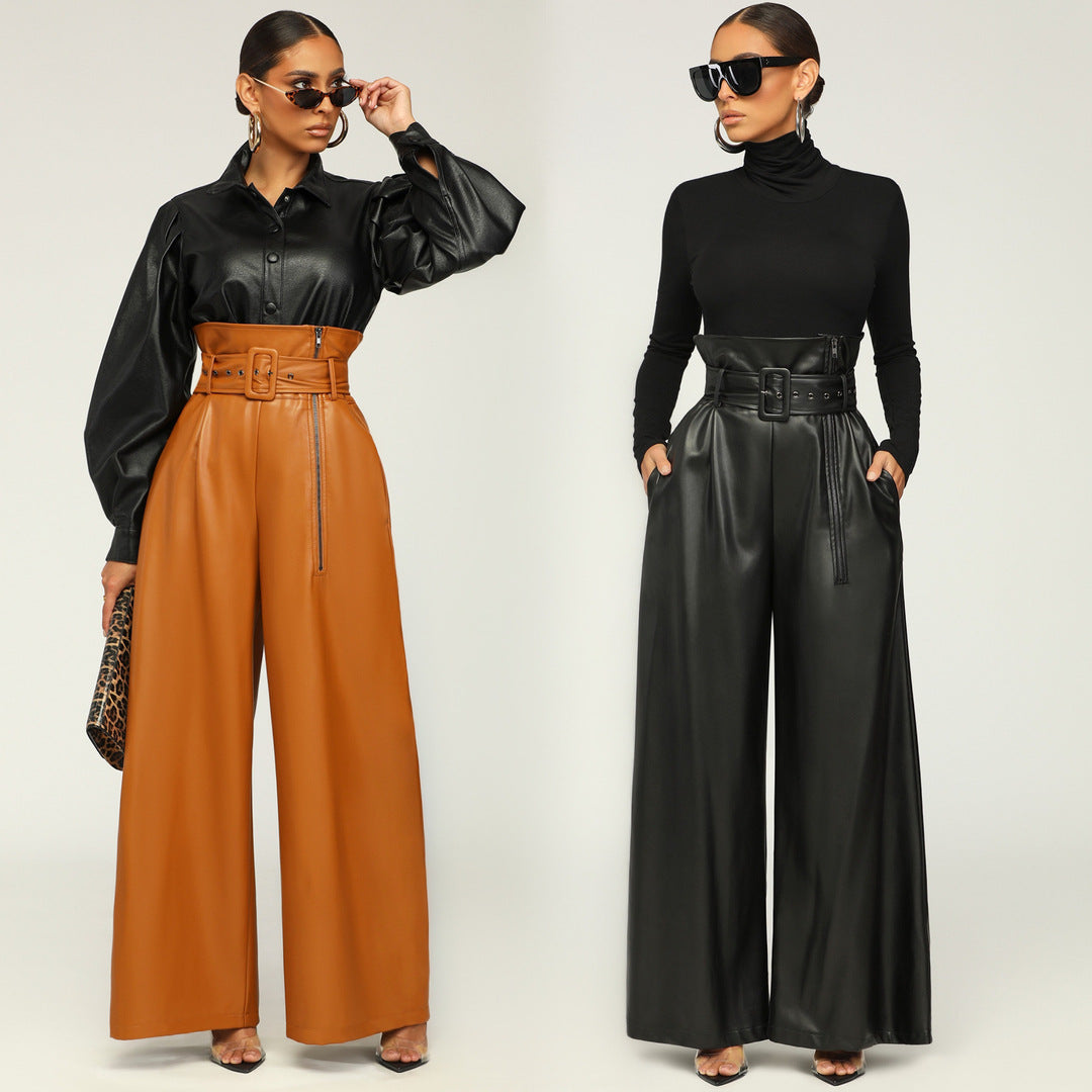 A stylish High Waist Faux Leather Wide Leg Pants for women. this piece adds a touch of elegance to your outfit - Brinxx Couture