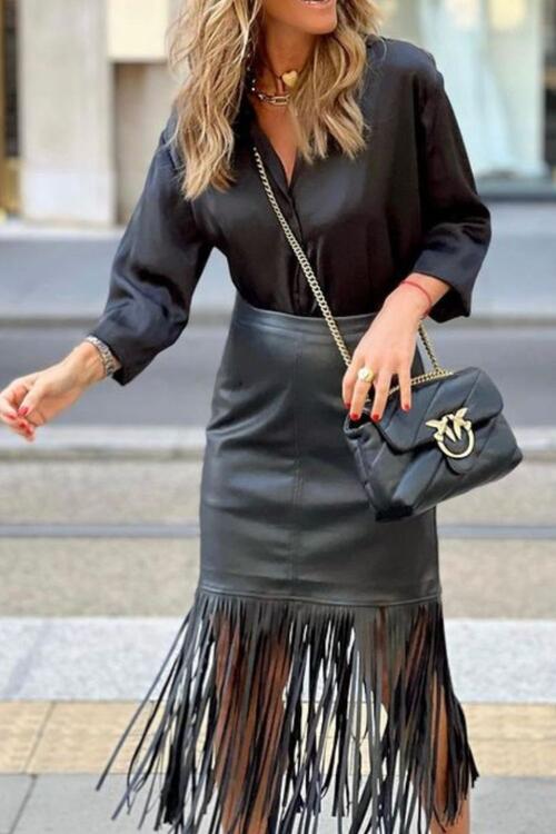 High Waist Fringe Hem Skirt - Brinxx Couture