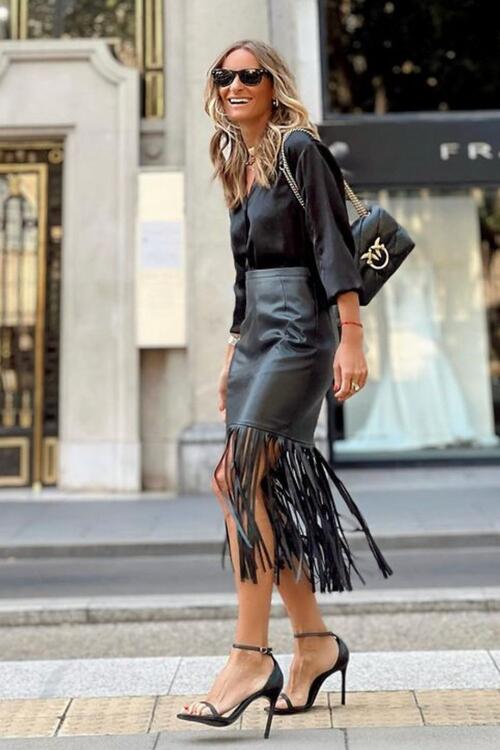 High Waist Fringe Hem Skirt - Brinxx Couture