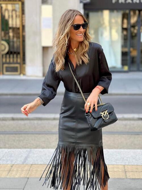 High Waist Fringe Hem Skirt - Brinxx Couture