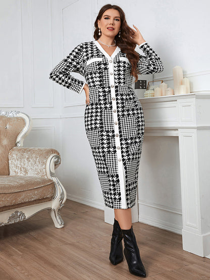 Houndstooth Button-Down Long Sleeve Dress - Brinxx Couture