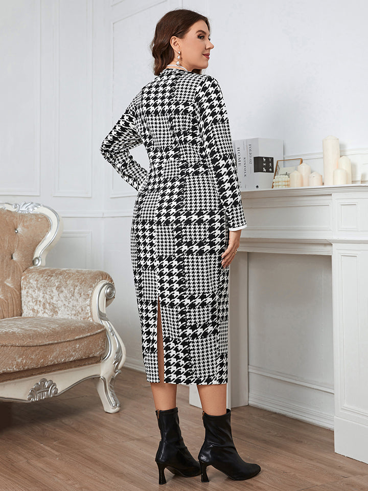 Houndstooth Button-Down Long Sleeve Dress - Brinxx Couture