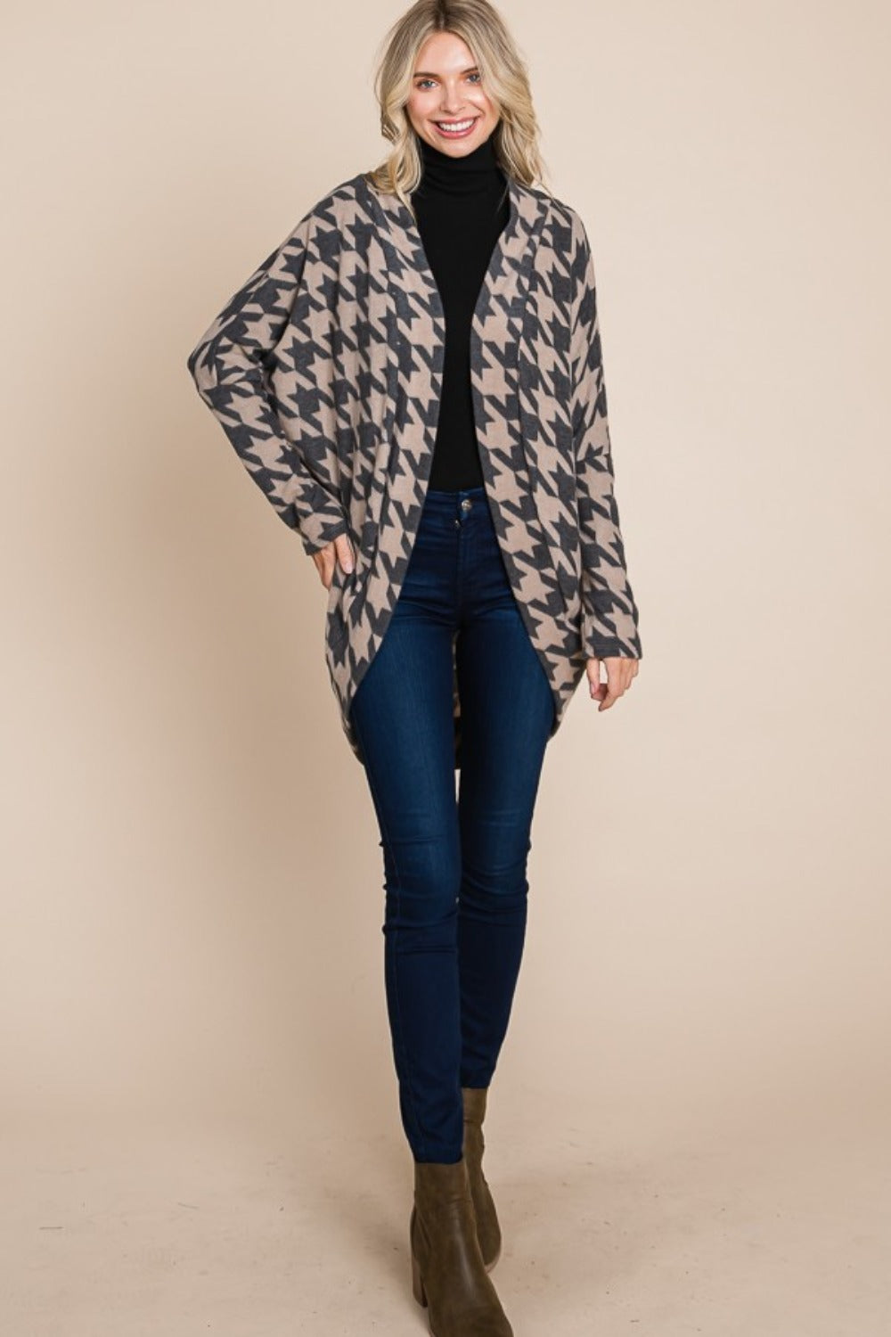 A stylish Houndstooth Open Front Cocoon Knit Cardigan for women. this piece adds a touch of elegance to your outfit - Brinxx Couture