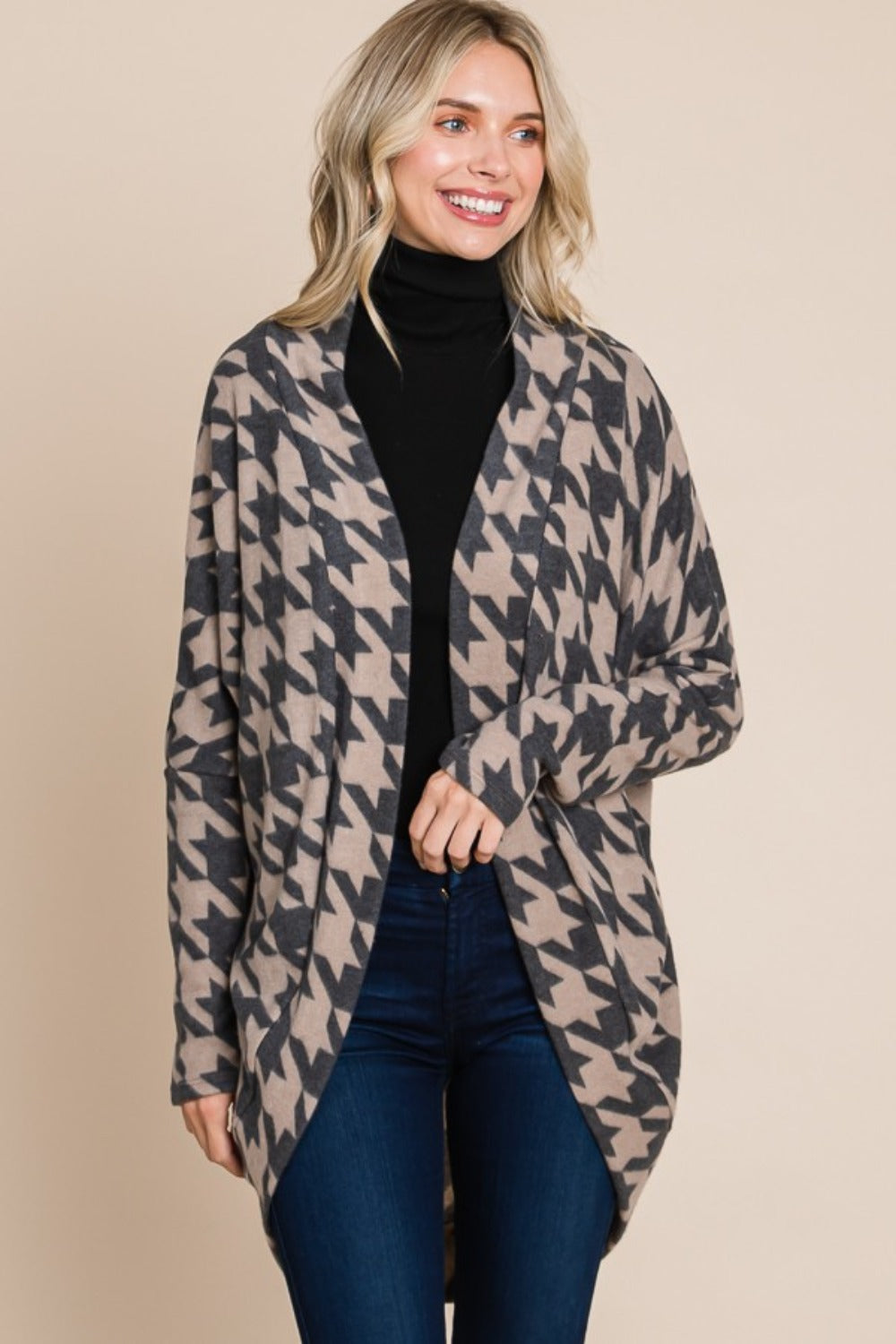 A stylish Houndstooth Open Front Cocoon Knit Cardigan for women. this piece adds a touch of elegance to your outfit - Brinxx Couture