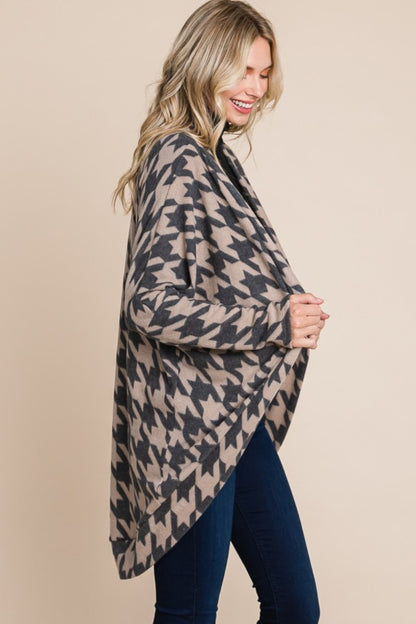 A stylish Houndstooth Open Front Cocoon Knit Cardigan for women. this piece adds a touch of elegance to your outfit - Brinxx Couture