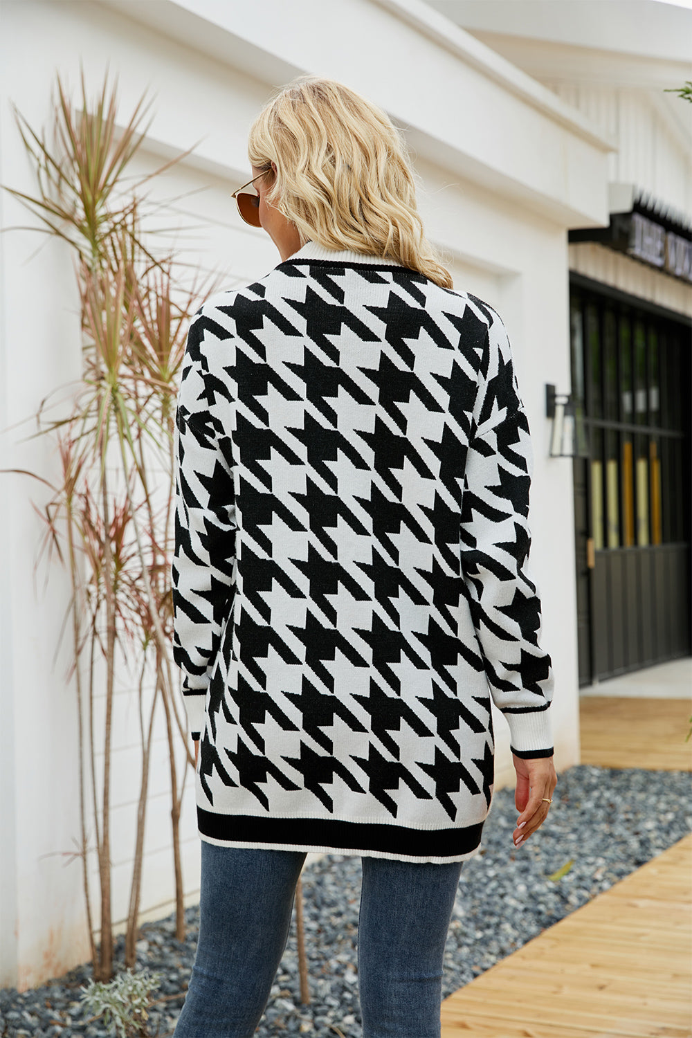 Houndstooth Open Front Longline Cardigan - Brinxx Couture