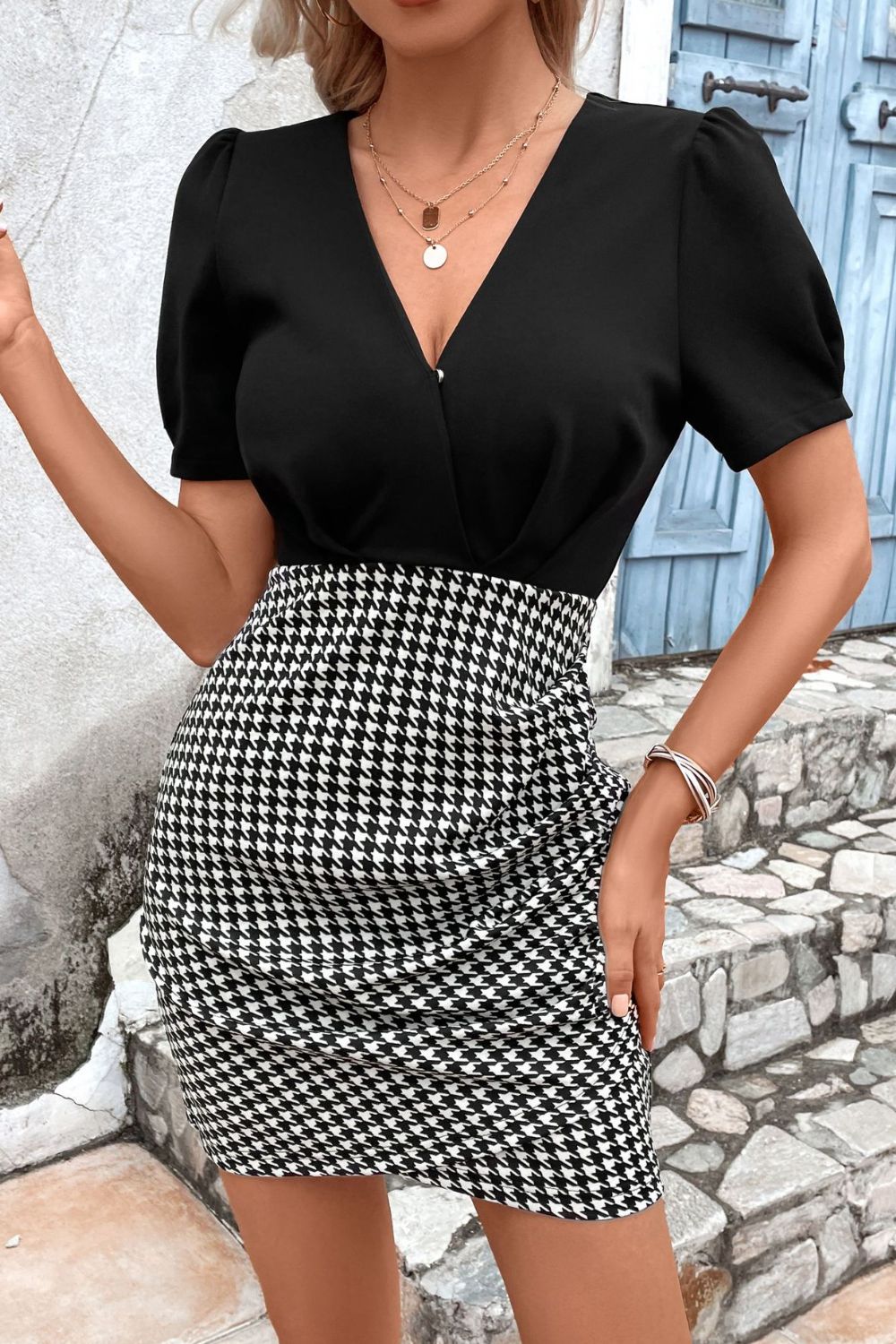 Houndstooth Surplice Neck Puff Sleeve Dress - Brinxx Couture