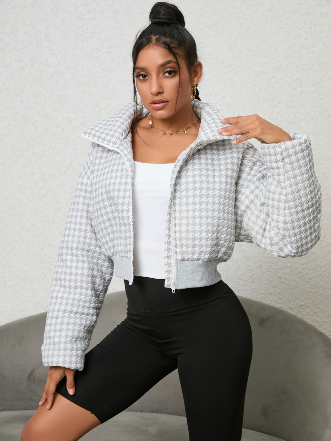 Houndstooth Zip-Up Jacket - Brinxx Couture