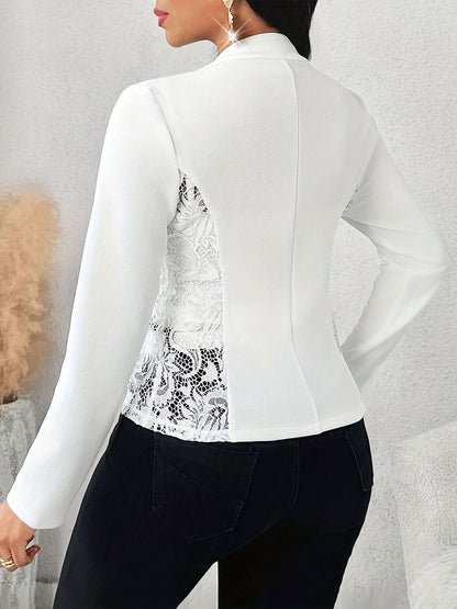 A stylish Lace Detail Open Front Long Sleeve Blazer for women. this piece adds a touch of elegance to your outfit - Brinxx Couture