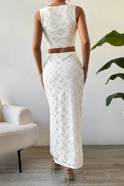 Lace Round Neck Top and Slit Skirt Set - Brinxx Couture