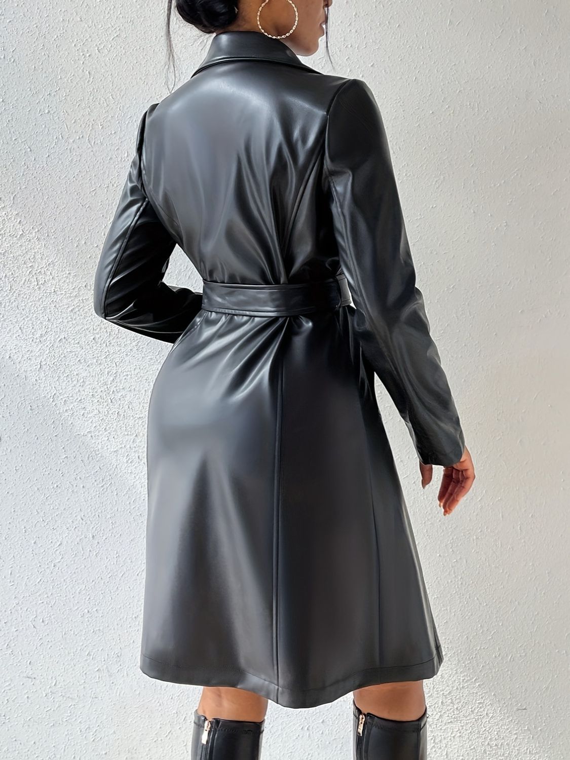 A stylish Lapel Collar Leather Tied Trench Coat for women. this piece adds a touch of elegance to your outfit - Brinxx Couture