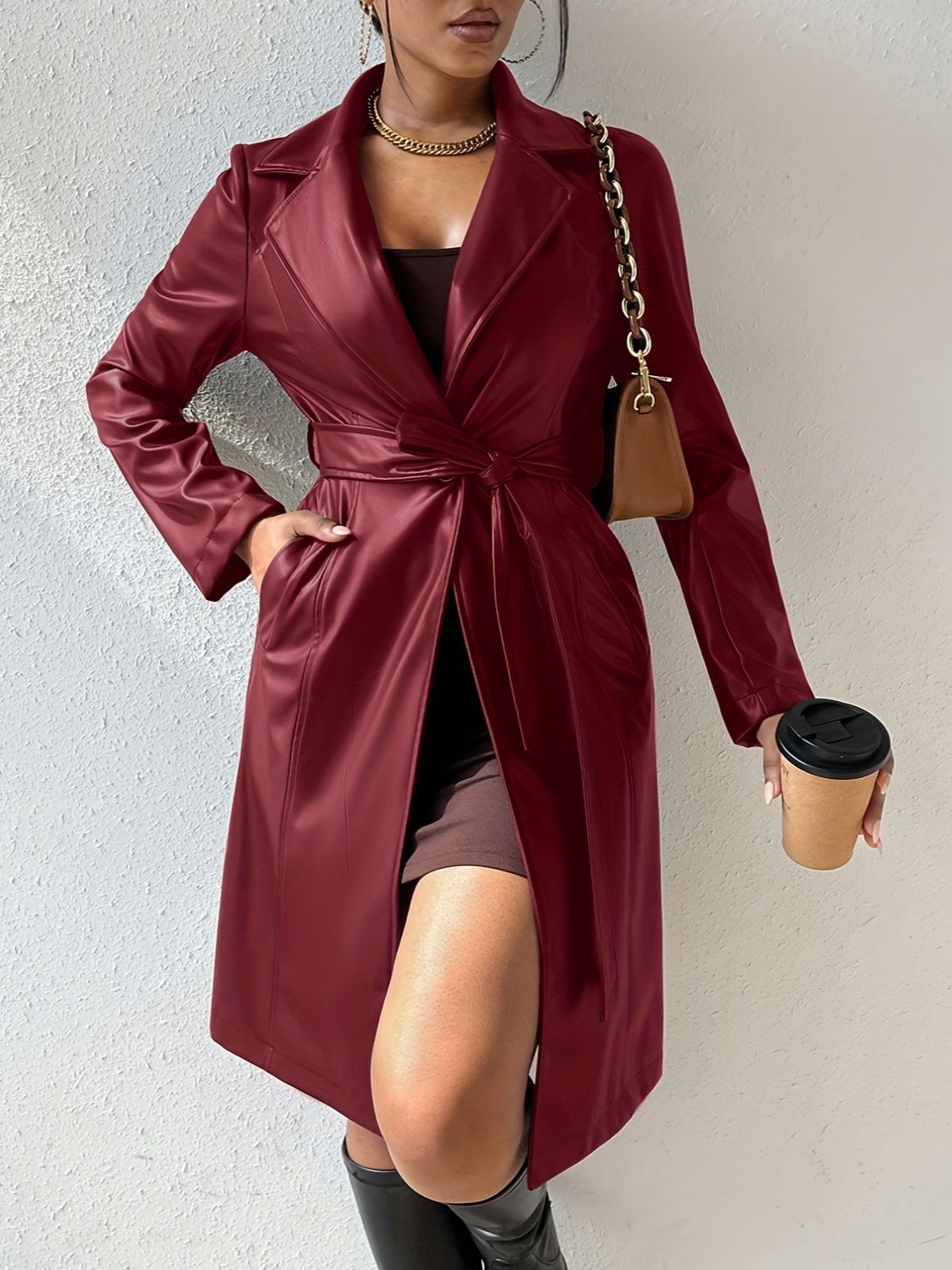 A stylish Lapel Collar Leather Tied Trench Coat for women. this piece adds a touch of elegance to your outfit - Brinxx Couture