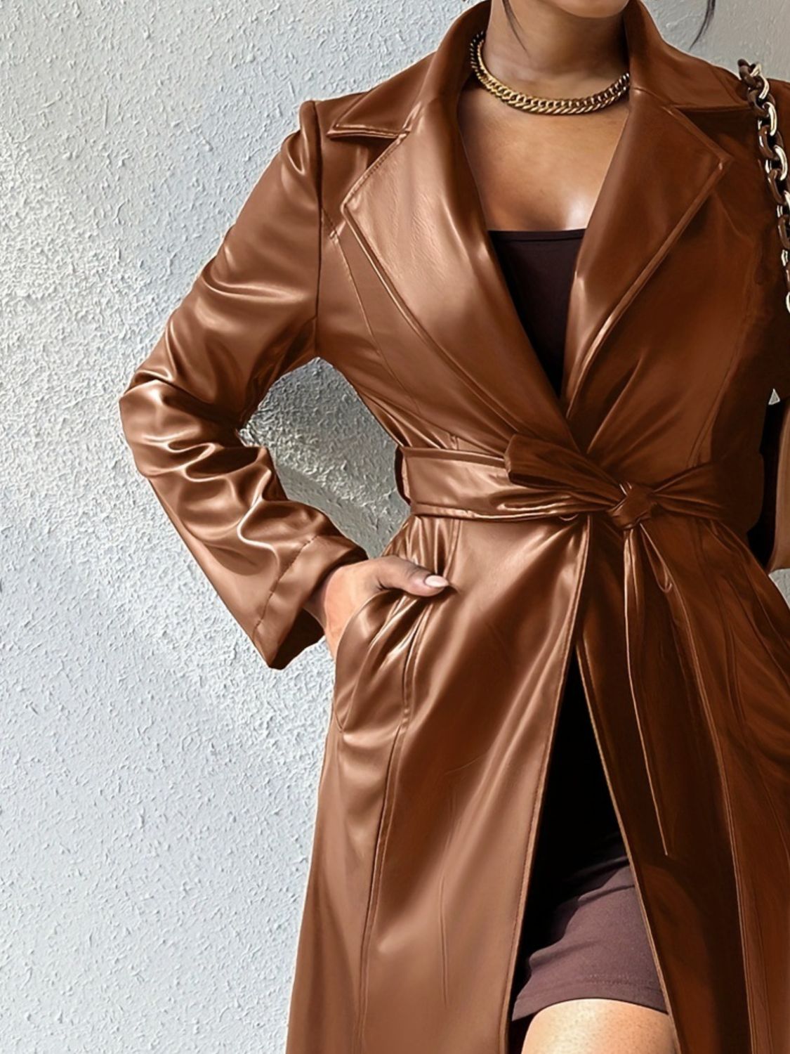 A stylish Lapel Collar Leather Tied Trench Coat for women. this piece adds a touch of elegance to your outfit - Brinxx Couture