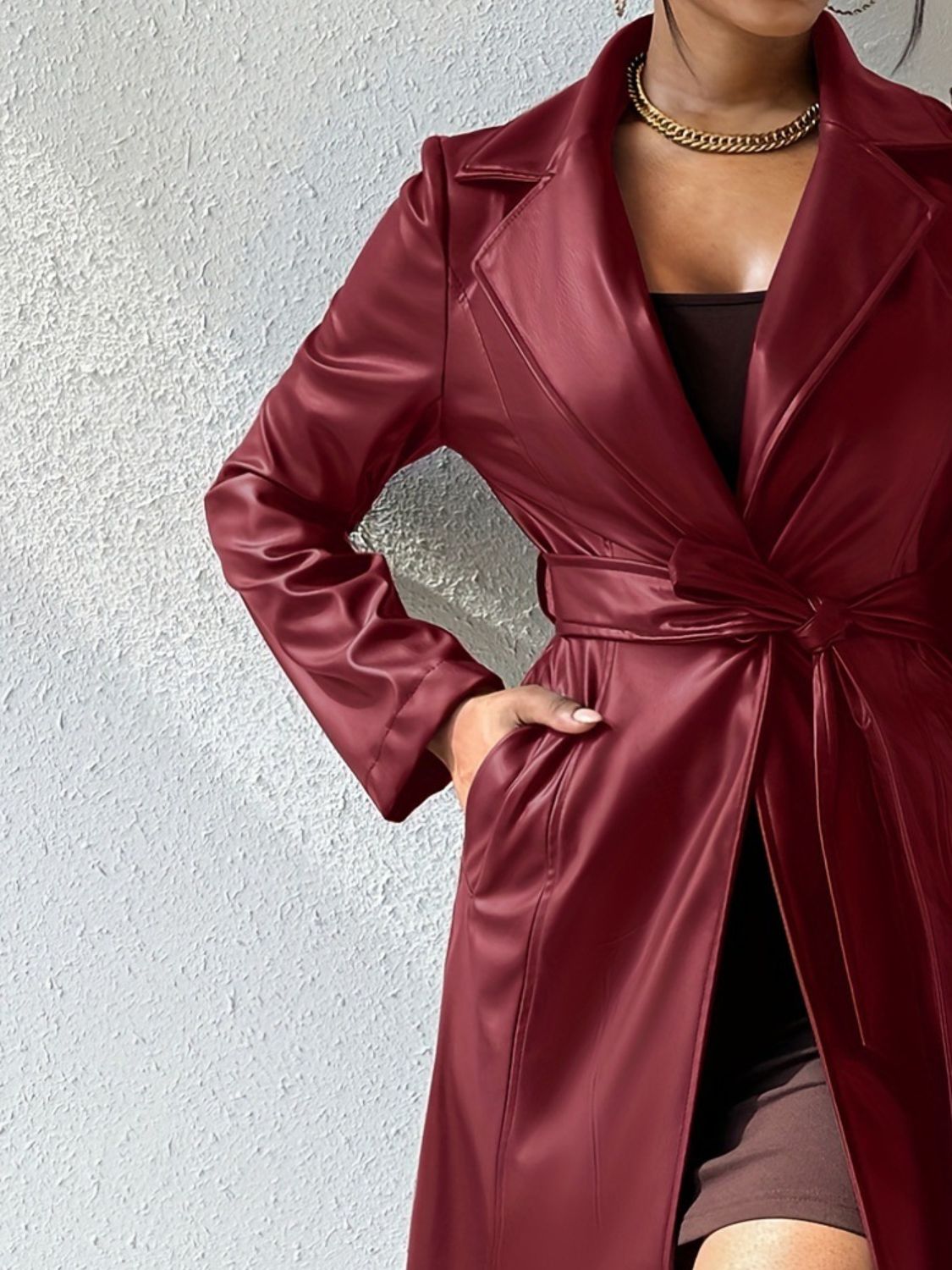 A stylish Lapel Collar Leather Tied Trench Coat for women. this piece adds a touch of elegance to your outfit - Brinxx Couture