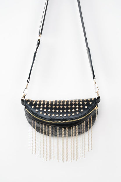 Leather Studded Sling Bag with Fringes - Brinxx Couture