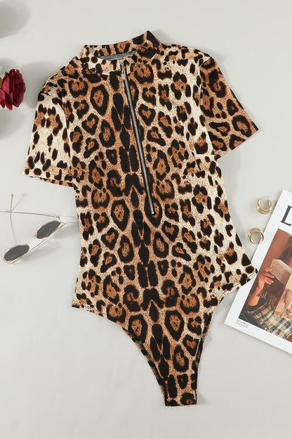 Leopard Half Zip Short Sleeve Bodysuit - Brinxx Couture