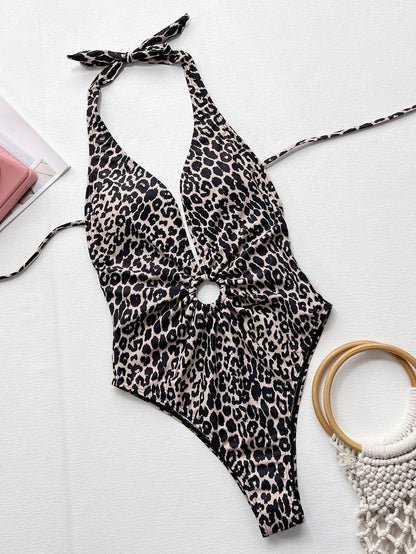 Leopard Halter Neck Ring Detail One-Piece Swimsuit - Brinxx Couture