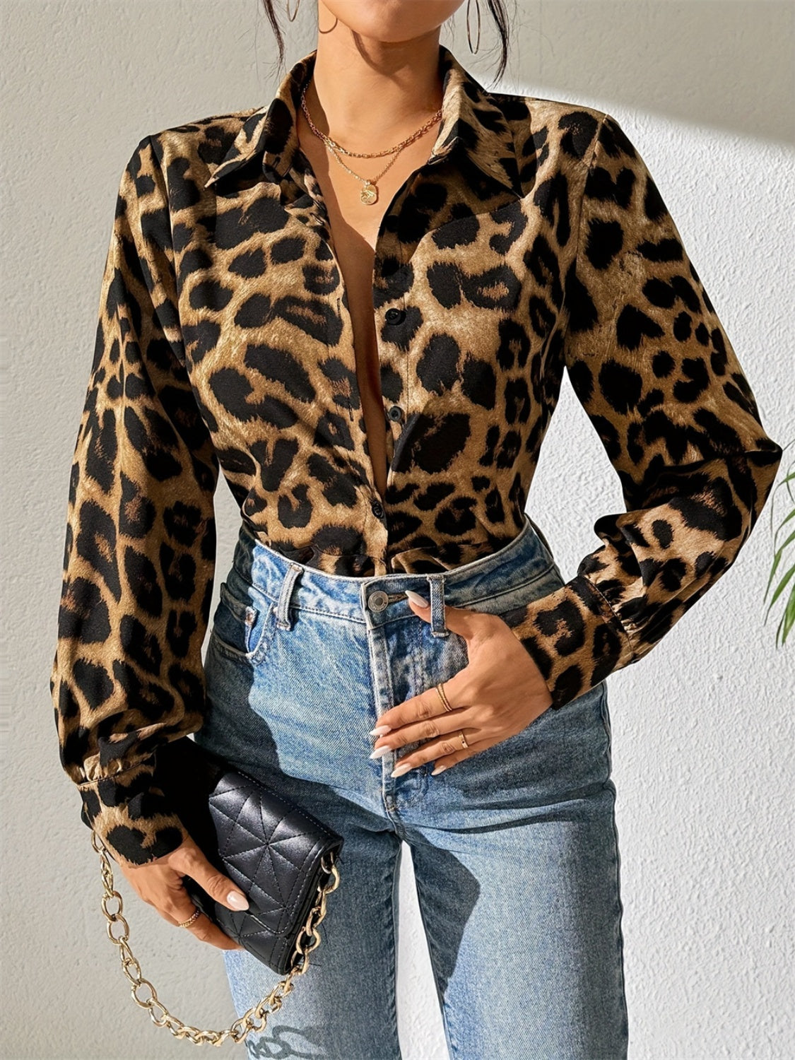 A stylish Leopard Print Collared Neck Long Sleeve Shirt for women. this piece adds a touch of elegance to your outfit - Brinxx Couture