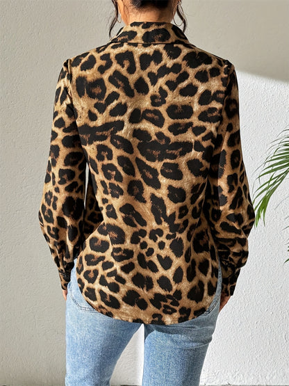 A stylish Leopard Print Collared Neck Long Sleeve Shirt for women. this piece adds a touch of elegance to your outfit - Brinxx Couture