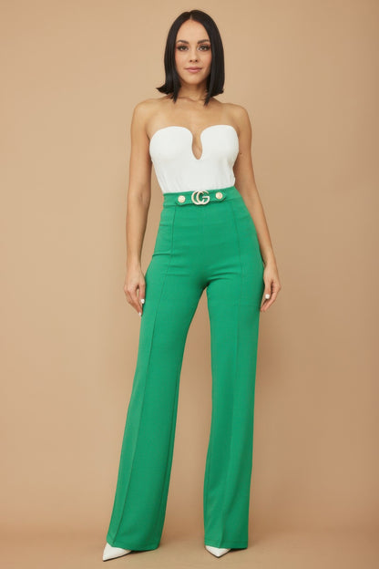 A stylish Letter Buckle And Button Detail Pants for women. this piece adds a touch of elegance to your outfit - Brinxx Couture