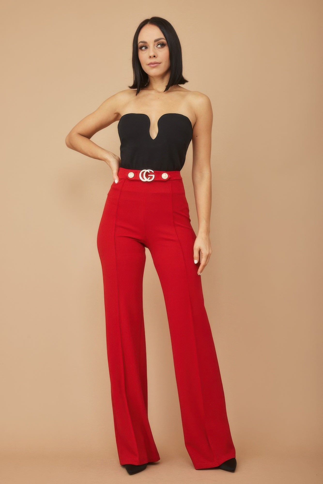 A stylish Letter Buckle And Button Detail Pants for women. this piece adds a touch of elegance to your outfit - Brinxx Couture