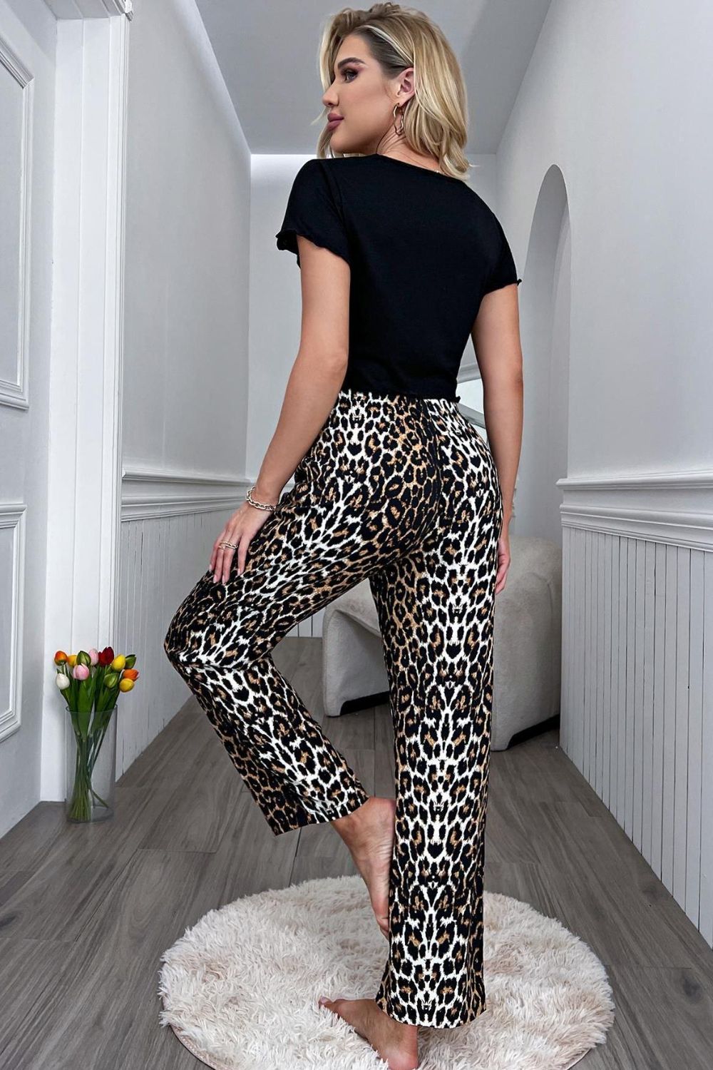 Lettuce Trim Cropped T-Shirt and Leopard Pants Lounge Set - Brinxx Couture